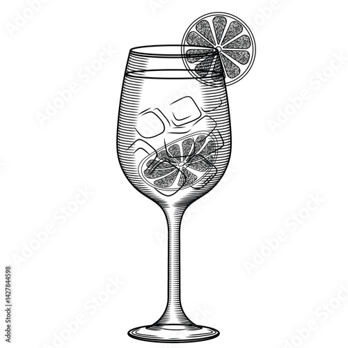 Spritz or limoncello cocktail vector illustration in sketch style. Hand drawn line art for menu and recipes. Monochrome engraving of traditional Italian aperitif.	