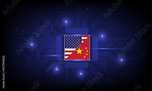Flag USA and China on Computer Chip . Global chip shortage crisis and China-United States trade war concept vector.