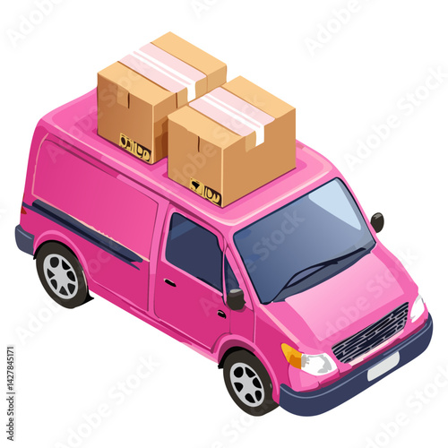 Pink Delivery Truck with Packages Signifies the Importance of Logistics and Shipping in Modern Commerce Ideal for Illustrative Purposes in Marketing Materials Related to E-commerce and Goods Transit