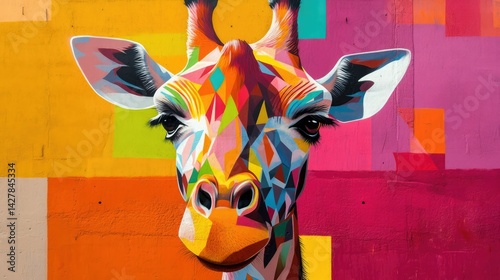A colorful mural on a brick wall depicts a vibrant, geometric giraffe.