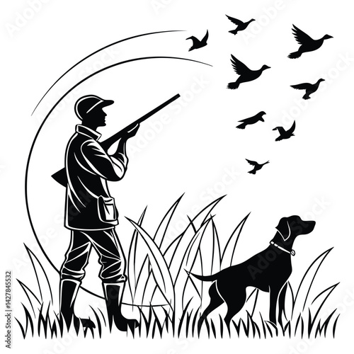Silhouette of hunter with shotgun, hunting dog in tall grass