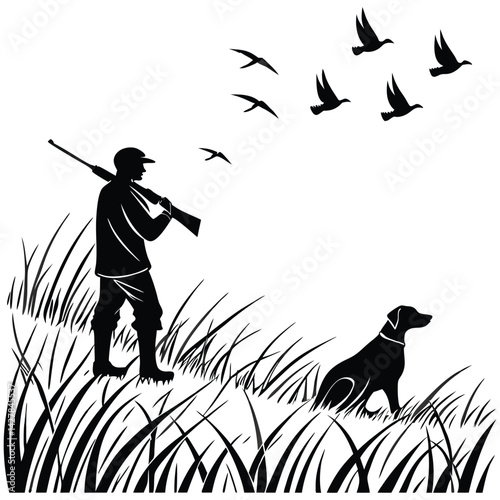 Silhouette of hunter with shotgun, hunting dog in tall grass