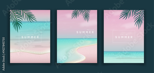 Summer backgrounds set with sea scene. Vector illustration.
