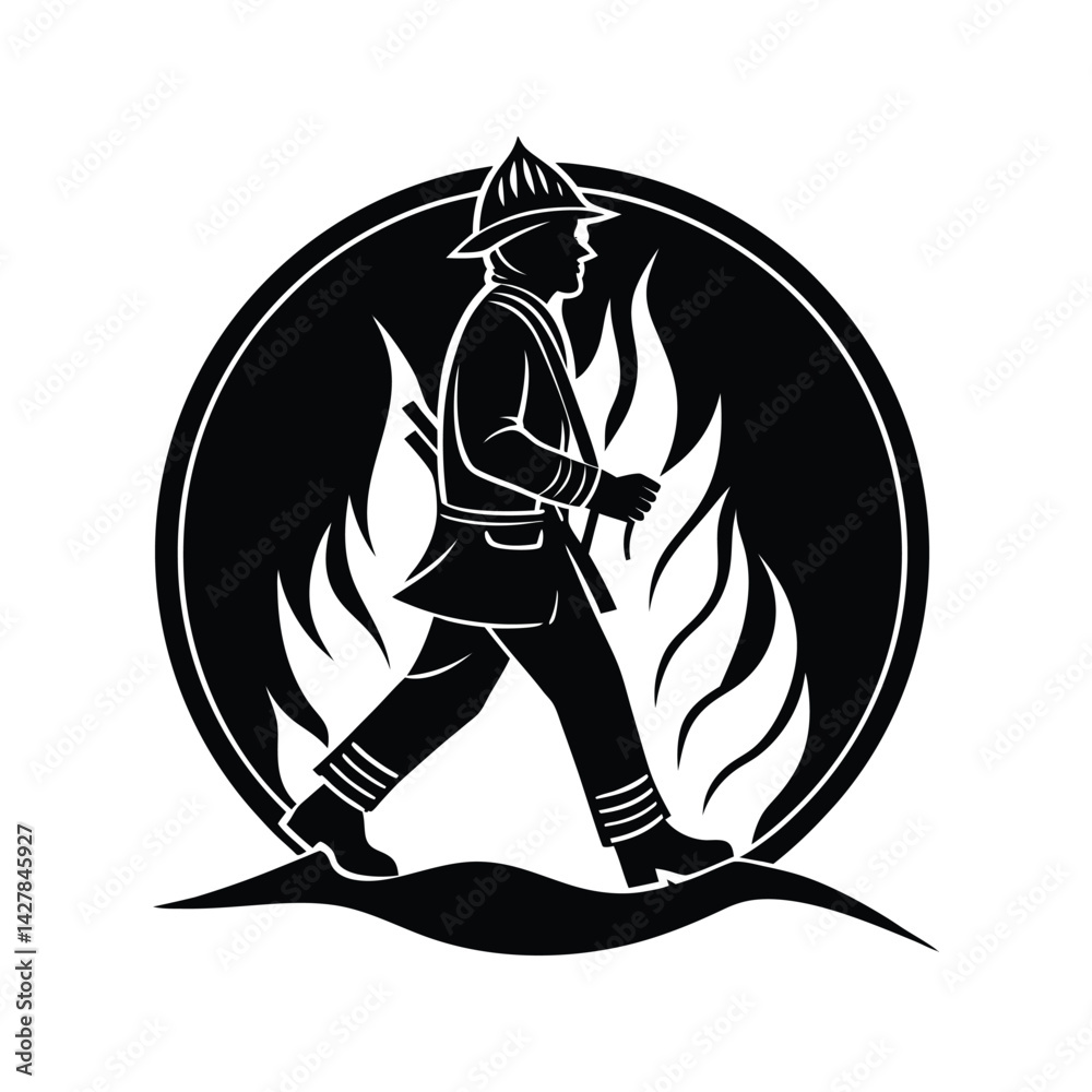 Fototapeta premium Firefighter walking through fire icon silhouette vector with white background