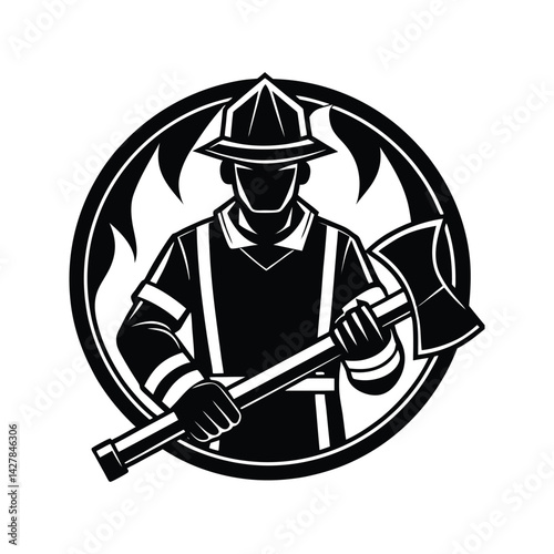 Firefighter with axe icon silhouette vector with white background