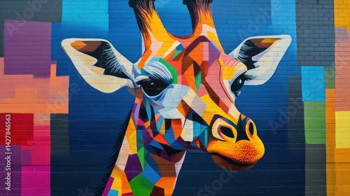 A colorful mural on a brick wall depicts a vibrant, geometric giraffe.