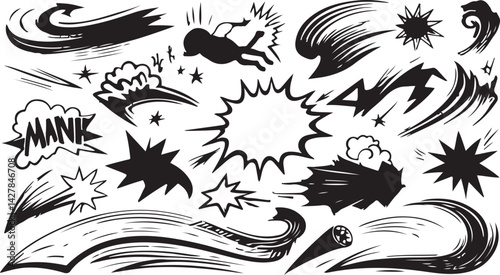 A collection of black and white graphic elements perfect for comic books, cartoons, posters, or any design project needing dynamic action, speech, or special effects.