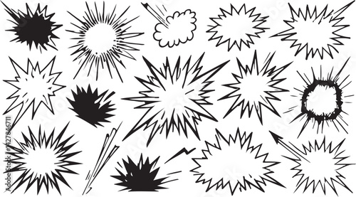 A collection of black and white graphic elements perfect for comic books, cartoons, posters, or any design project needing dynamic action, speech, or special effects.