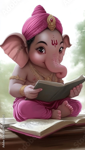 A little Hindu god Ganesh shows reading a book, a key to education and learning