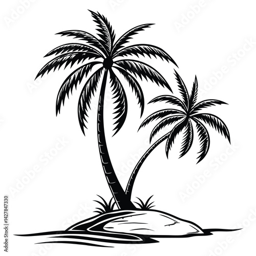 tropical island silhouette, palm trees, black and white illustration