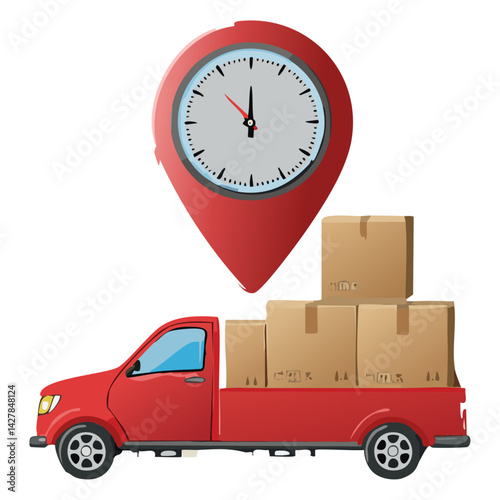 Red Delivery Vehicle Surrounded by Timely Elements Like a Clock and Location Pin Signifies the Importance of Fast Deliveries and Real-Time Communication in the Logistics Industry