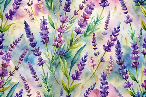 Painting of purple flowers with green leaves. Flowers seamless pattern. Floral. Pattern. Digital Art. Watercolor