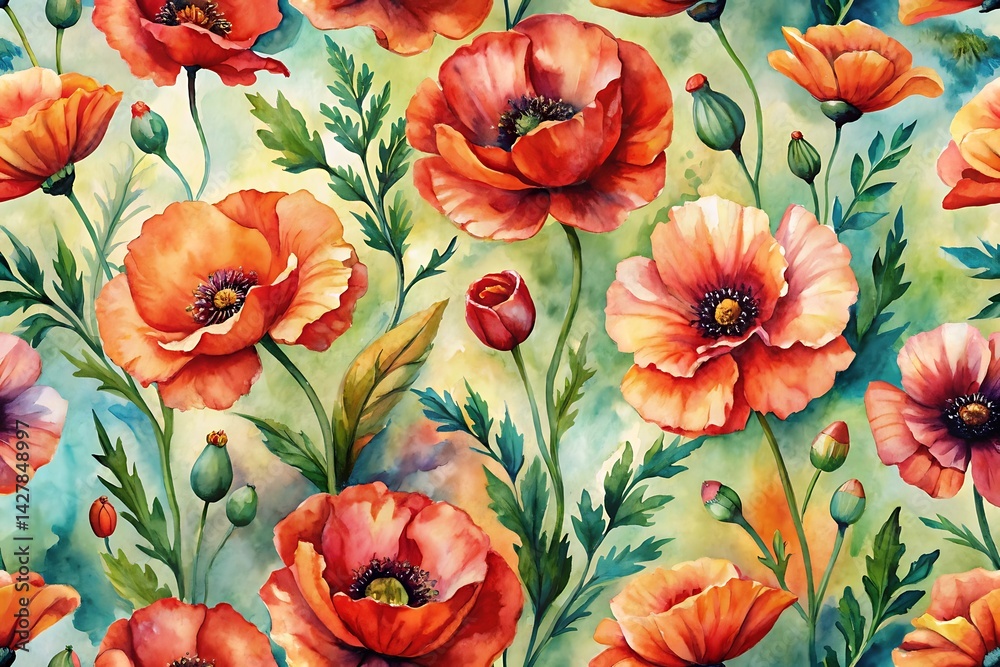 Painting of a field of red flowers. Flowers seamless pattern. Floral. Pattern. Digital Art. Watercolor Painting of a field of red flowers. Flowers seamless pattern. Floral. Pattern. Digital Art. Watercolor