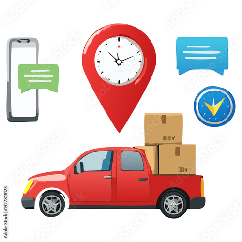 Vibrant Red Delivery Truck Loaded with Boxes Highlights the Modern Logistics Experience Combining Location Pin Icons Clocks and Communication Bubbles to Emphasize Timeliness and Convenience in Shippin