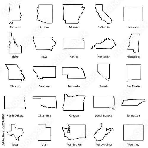 25 U.S. State Outline Map Complete Vector Map Set Vector Illustration