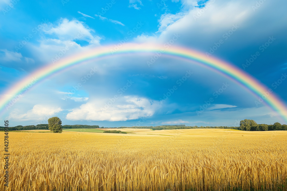 Obraz premium Rainbow Over Wheat Field – Beautiful Nature Landscape