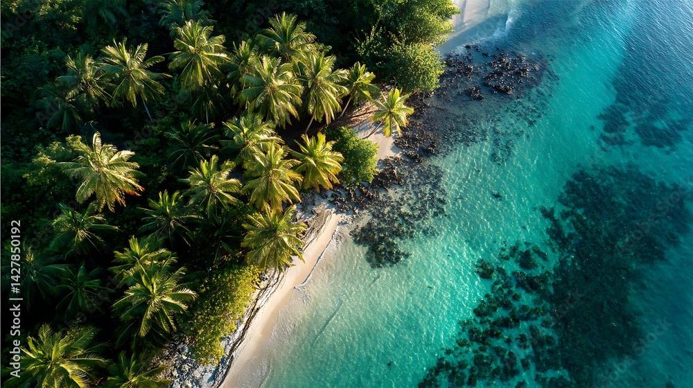Obraz premium vibrant aerial photo of a tropical island coast, crystal-clear green-blue water, lush palm trees with deep green foliage