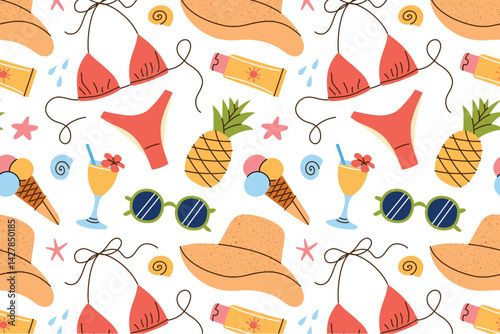 Seamless summer pattern for women. Bright beach vacation mood with sun hat, bikini, sunglasses, ice cream, lemonade, sunscreen, and seashells. Flat cartoon style for textile or background