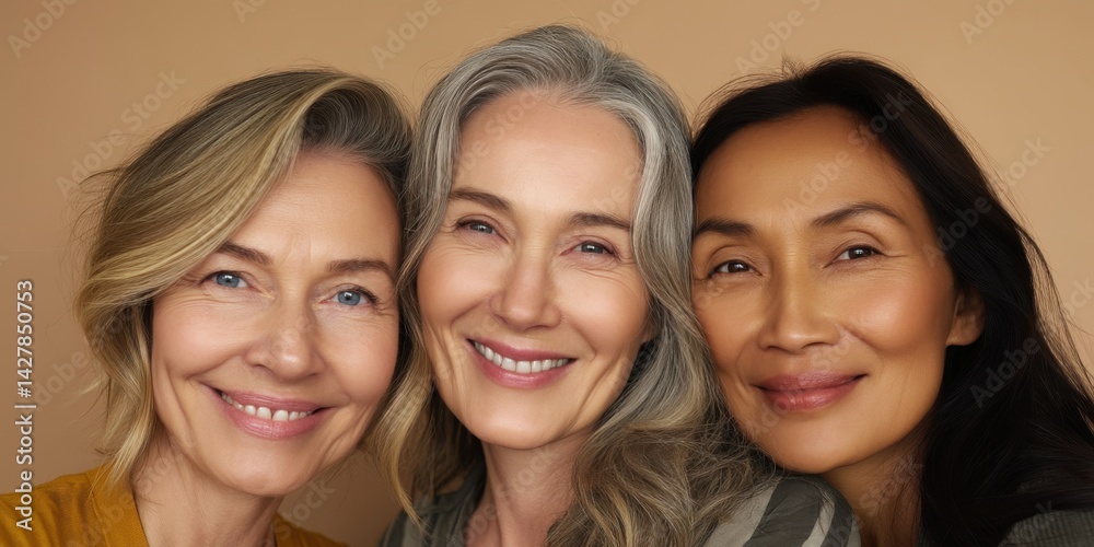 Three beautiful women in their sixties smiling at the camera, different nationalities. Happy and smilling. Warm light colored background Three beautiful women in their sixties smiling at the camera, different nationalities. Happy and smilling. Warm light colored background