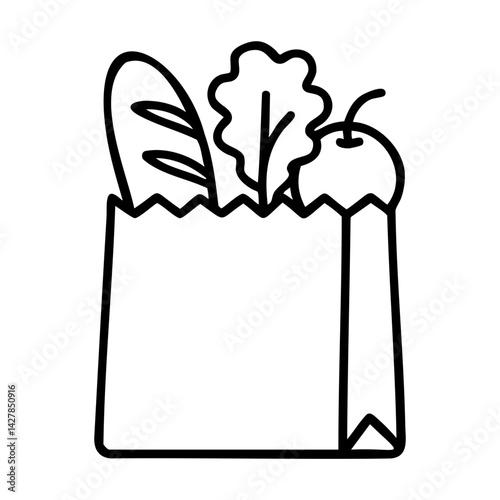 Black line illustration of a grocery bag filled with food items like bread, lettuce, and an apple, ideal for shopping apps, delivery, or healthy living.
