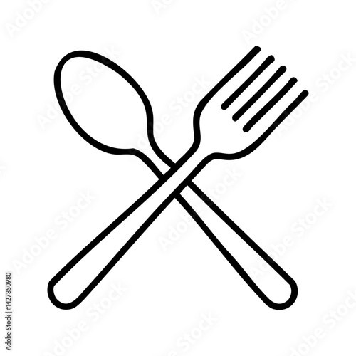 Black line illustration of a crossed spoon and fork, ideal for restaurant branding, food delivery apps, or culinary-related content.