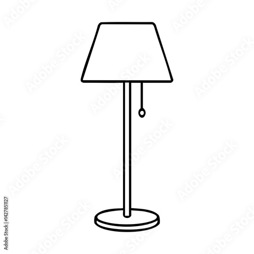 Black line illustration of a standing floor lamp with a pull chain switch, ideal for home decor, interior design, or lighting concepts.