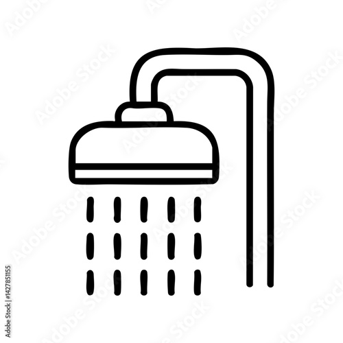 Black line art of a shower head with water flow, perfect for bathroom signs, hygiene visuals, spa, hotel, or plumbing-related content.