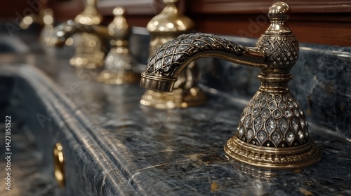 Vintage Bathroom Sink Faucet Design with Dark Marble Countertop and Elegant Detailing