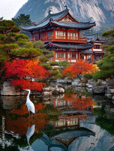 Serene Morning Light in a Japanese Garden Surrounded by Colorful Autumn Foliage