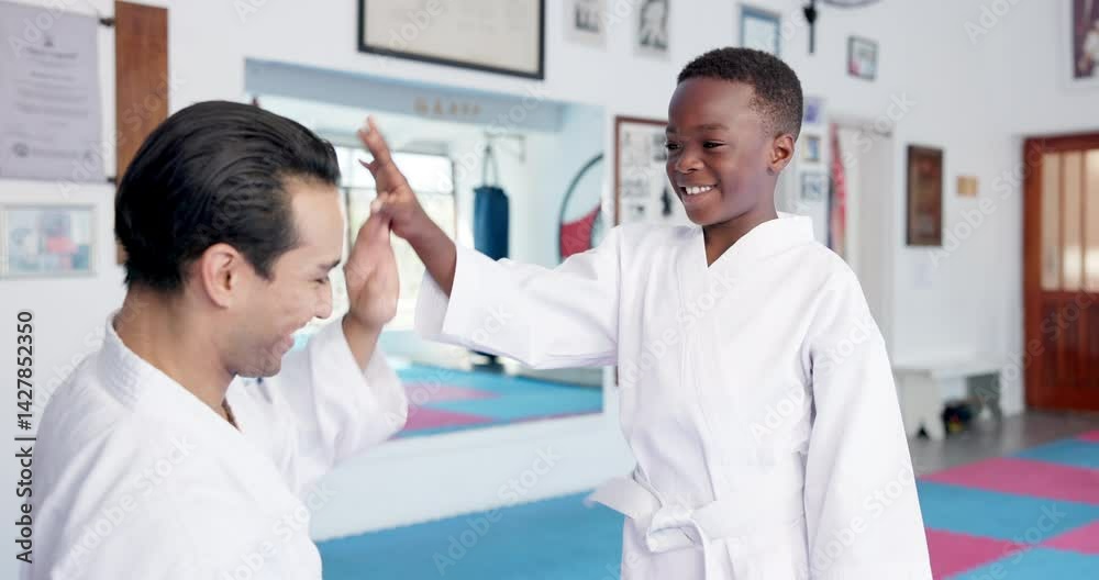 Man, teacher and high five with karate student in dojo for self defense training or preparation. Male person, sensei and mentor with kid, smile or belt for taekwondo practice, martial arts or start