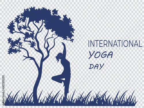 International Yoga Day vector design showing woman in tree pose under silhouette tree, promoting wellness, nature connection, mindfulness, healthy lifestyle, and outdoor relaxation themes.