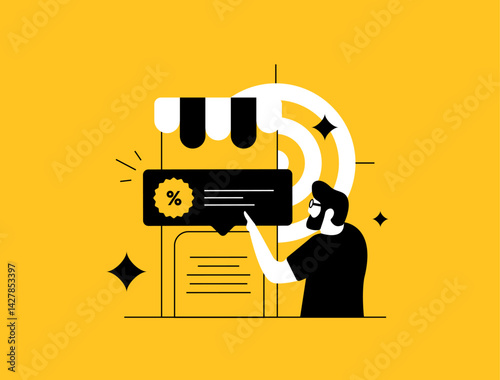Local business e-commerce marketing, audience targeting and store sales advertising. Retail local promotion strategy with customer engaging in personalized discount offer. Flat vector illustration