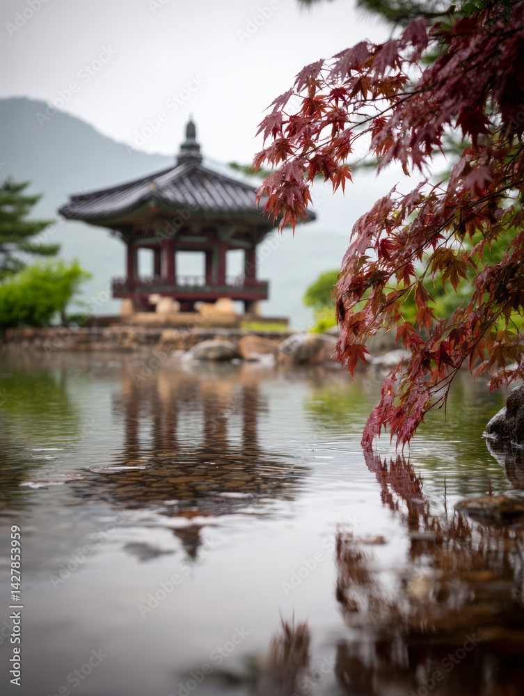 Obraz premium Serene Japanese Garden with Rippling Water and Charming Pavilion in Tranquil setting