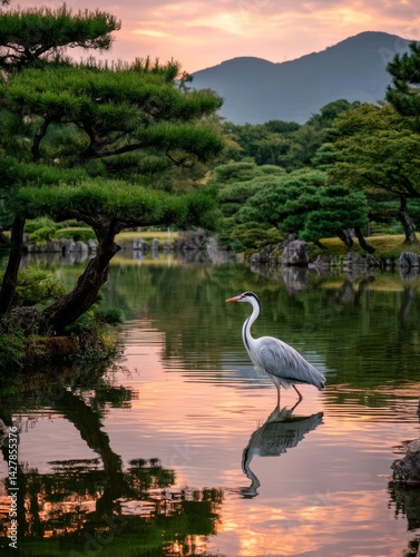 Serene Dawn in a Tranquil Garden Pond with a Graceful Crane Reflection