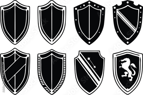 A Set of Black different type Shields Silhouette Black Vector Illustration
