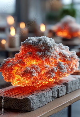 Illuminated Cloud Sculpture with Fiery Light on Wooden Base in a Modern Interior Setting