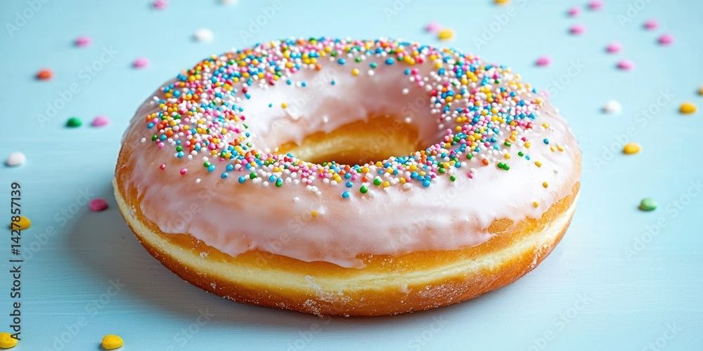 A glazed doughnut with rainbow sprinkles on a pastel background