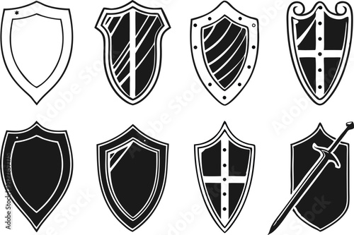  A Set of Medieval Shields and Sword Silhouette Black Vector Illustration