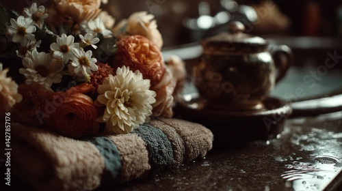 Vintage Bath Setting with Blush Tones and Floral Arrangement on Soft Towel