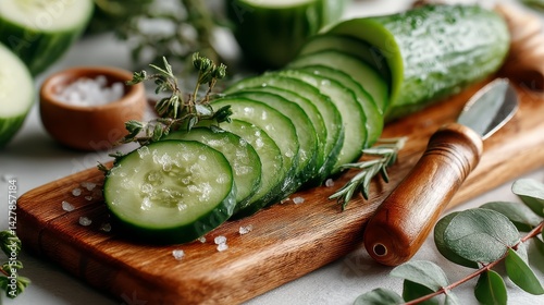 Fresh Cucumber Slices on Wooden Cutting Board with Green Herbs and Sea Salt