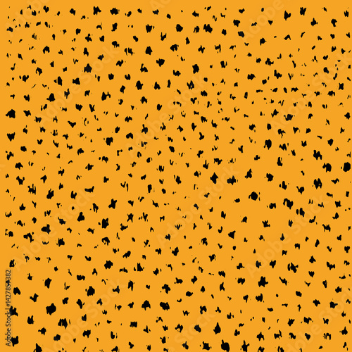 A vibrant orange background scattered with small, abstract black shapes resembling butterflies or leaves, creating a dynamic pattern.