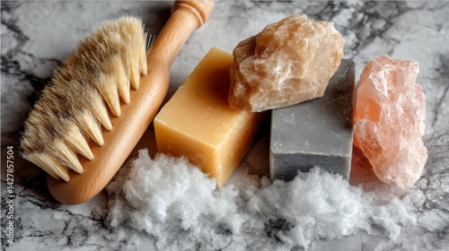 Wooden Brush and Soap Bars on White Background with Rock Salt Accents