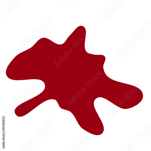 A dark red paint splatter shape with irregular edges, resembling an abstract puddle or stain on a white background.