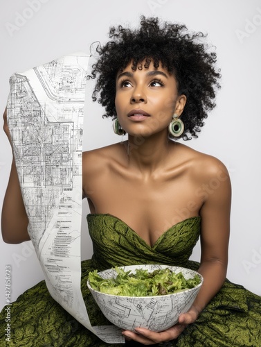Elegant Fashion Design with Salad Bowl and Artistic Map as a Backdrop