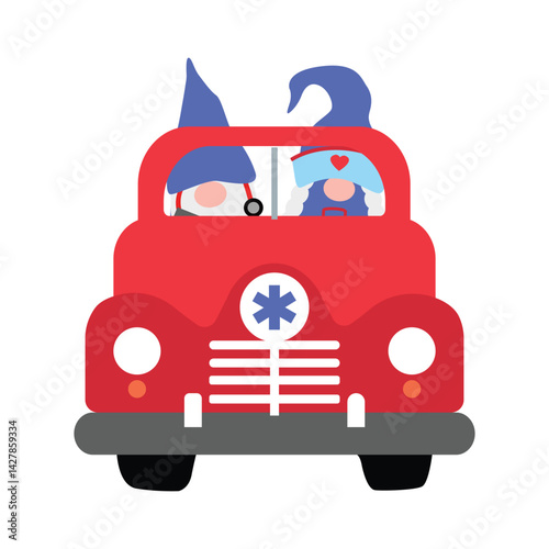 Cute Cartoon Gnomes with Ambulance car, Vector illustration