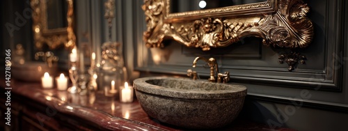 Elegant Bathroom Design with Ornate Brass Fixtures and Stylish Stone Sink