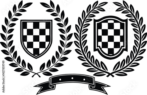 Black and White Racing Flags with Laurel Wreath Shields vector illustration 