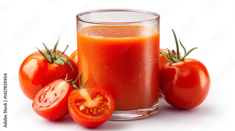 Fresh tomatoes and glass of tomato juice on white background Fresh tomatoes and glass of tomato juice on white background