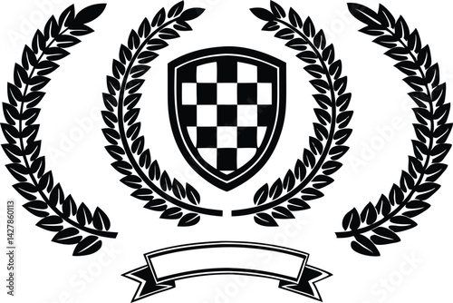 Black and White Racing Flags with Laurel Wreath Shields vector illustration 