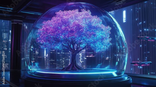 a close up of a glass ball with a tree inside, tree of life inside the ball